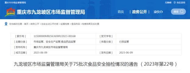 重慶市九龍坡區市場監管局關于75批次豆及薯類食品安全抽檢情況的通告（2023年第22號）